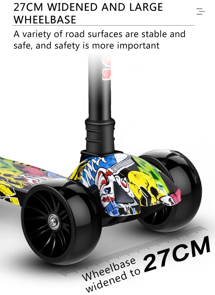 the wheelbase of the children's three in one scooter has a wheelbase widened up to 27 cm