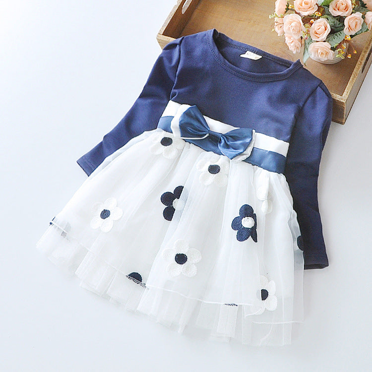 blue long sleeve dress with flower bow
