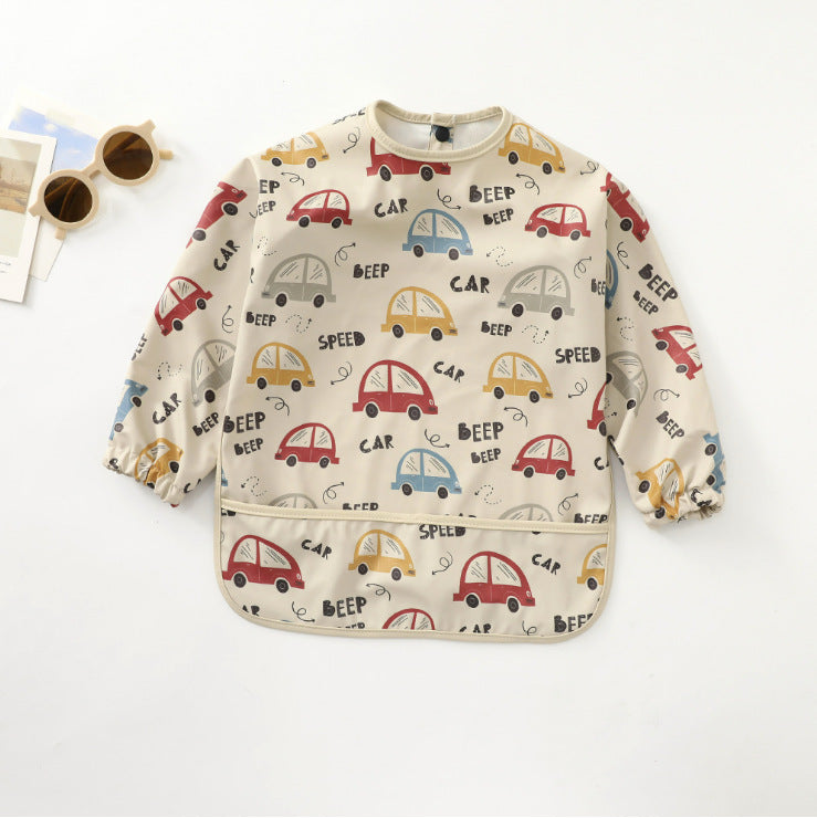a cool apron bib with cars printed on it