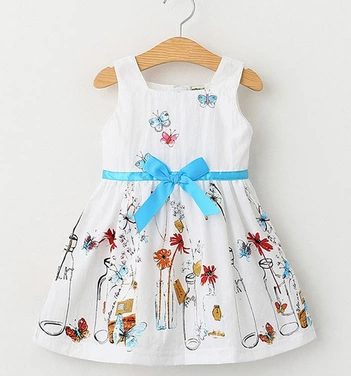 Little girl white floral butterfly skirt baby dress Princess with vase and flowers printed 