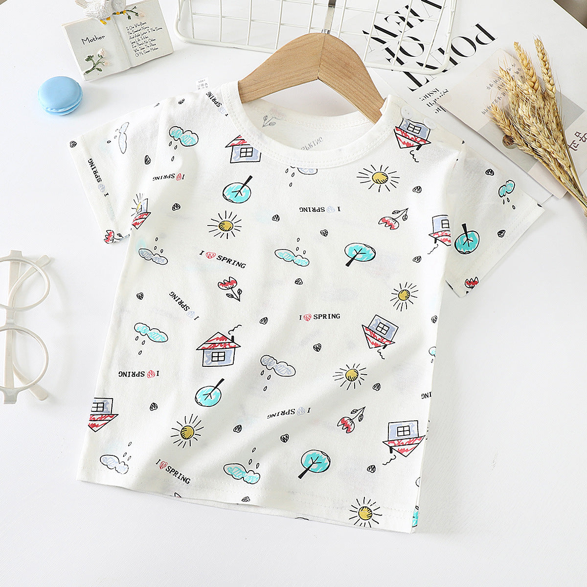 house, trees, sun, cloud outside environment design t-shirt for children 