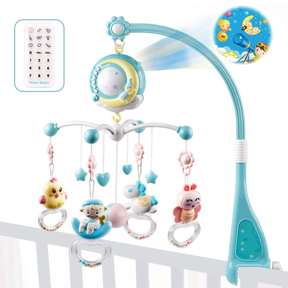 blue colored infant crib mobile with a music box