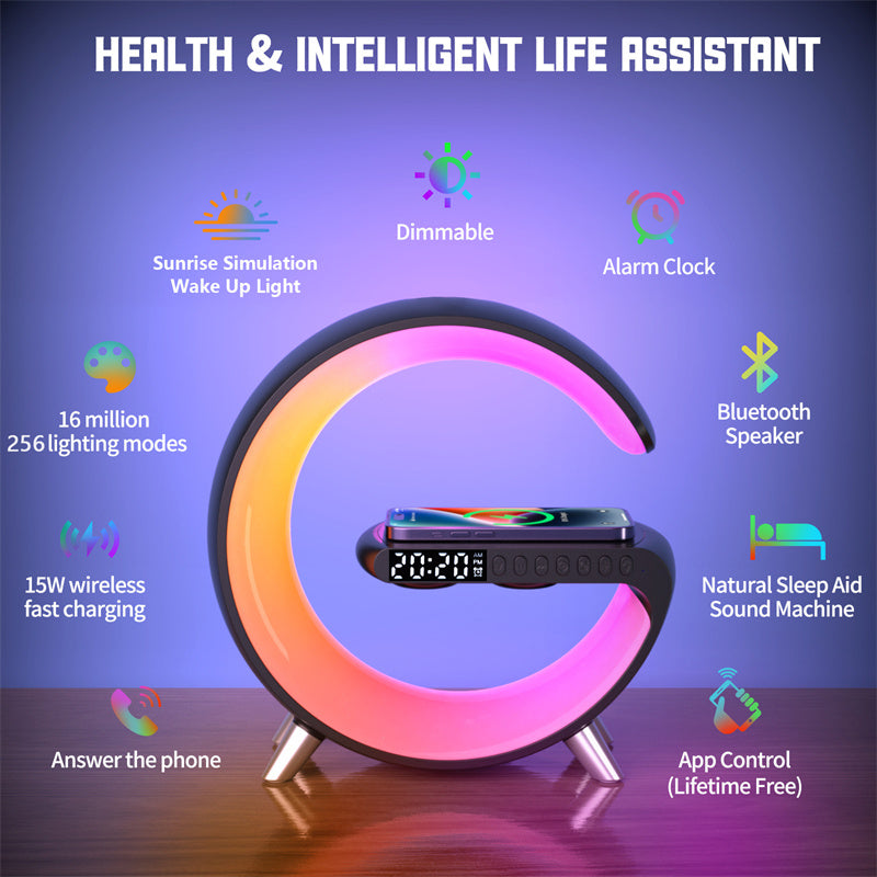 the features of lamp are dimmable, alarm clock, bluetooth speaker, natural sleep and sound, app control, phone answering, 15w wireless fast charging, 16 million color, sunrise simulation for wake up