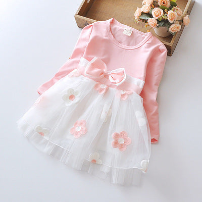 pink long sleeve dress with flower bow