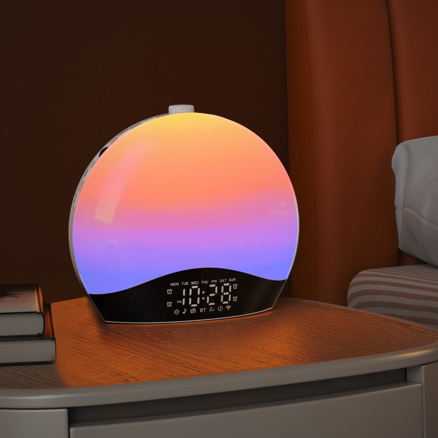 the sunrise mimicking alarm clock with light built in sits on a bedside table while displaying the time and the ambient light