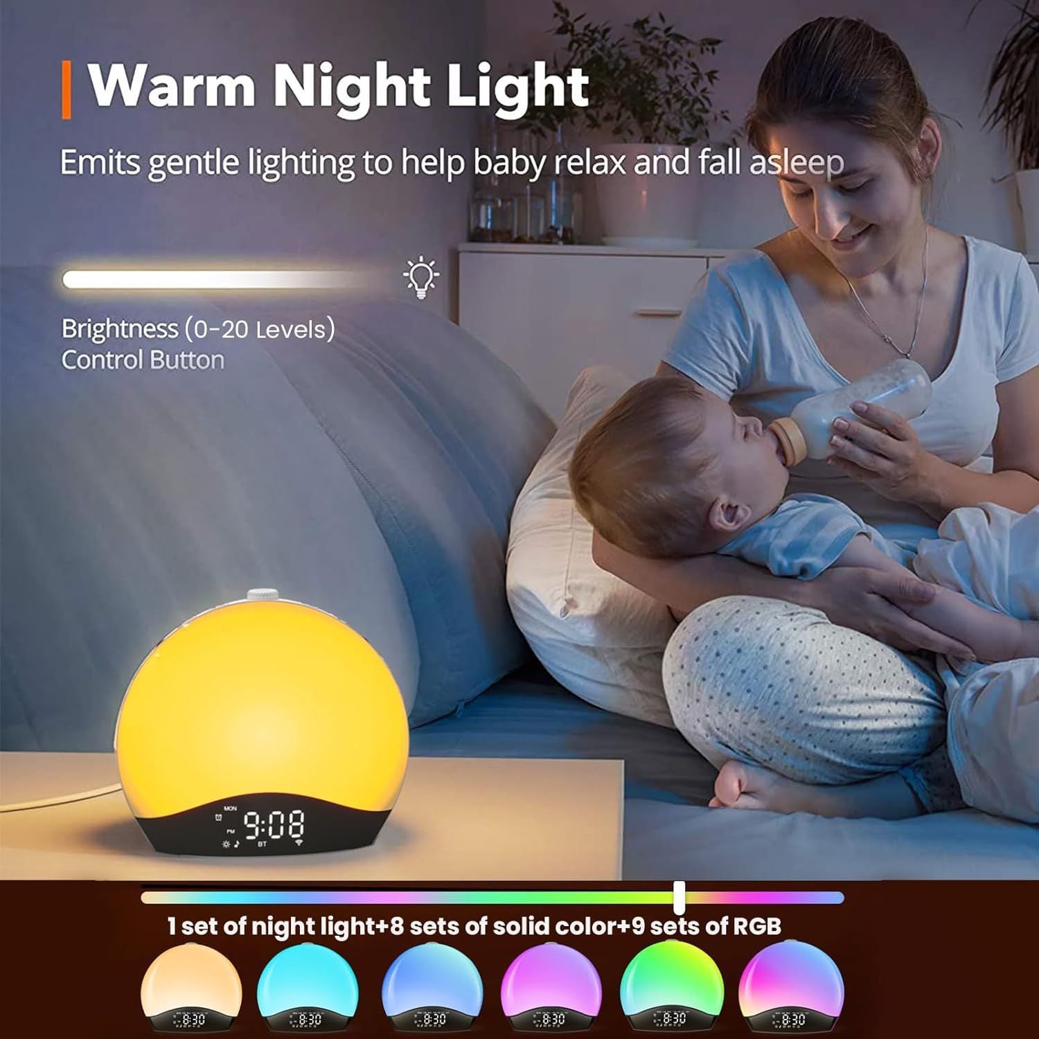 the warm night light emits a gentle lighting to help baby relax and fall asleep. The clock has 20 brightness levels and a color control button